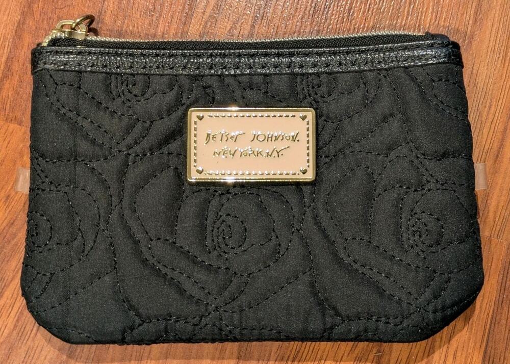Y2K Betsey Johnson Black Quilted Floral Cosmetic Makeup Bag Pouch Gold Logo